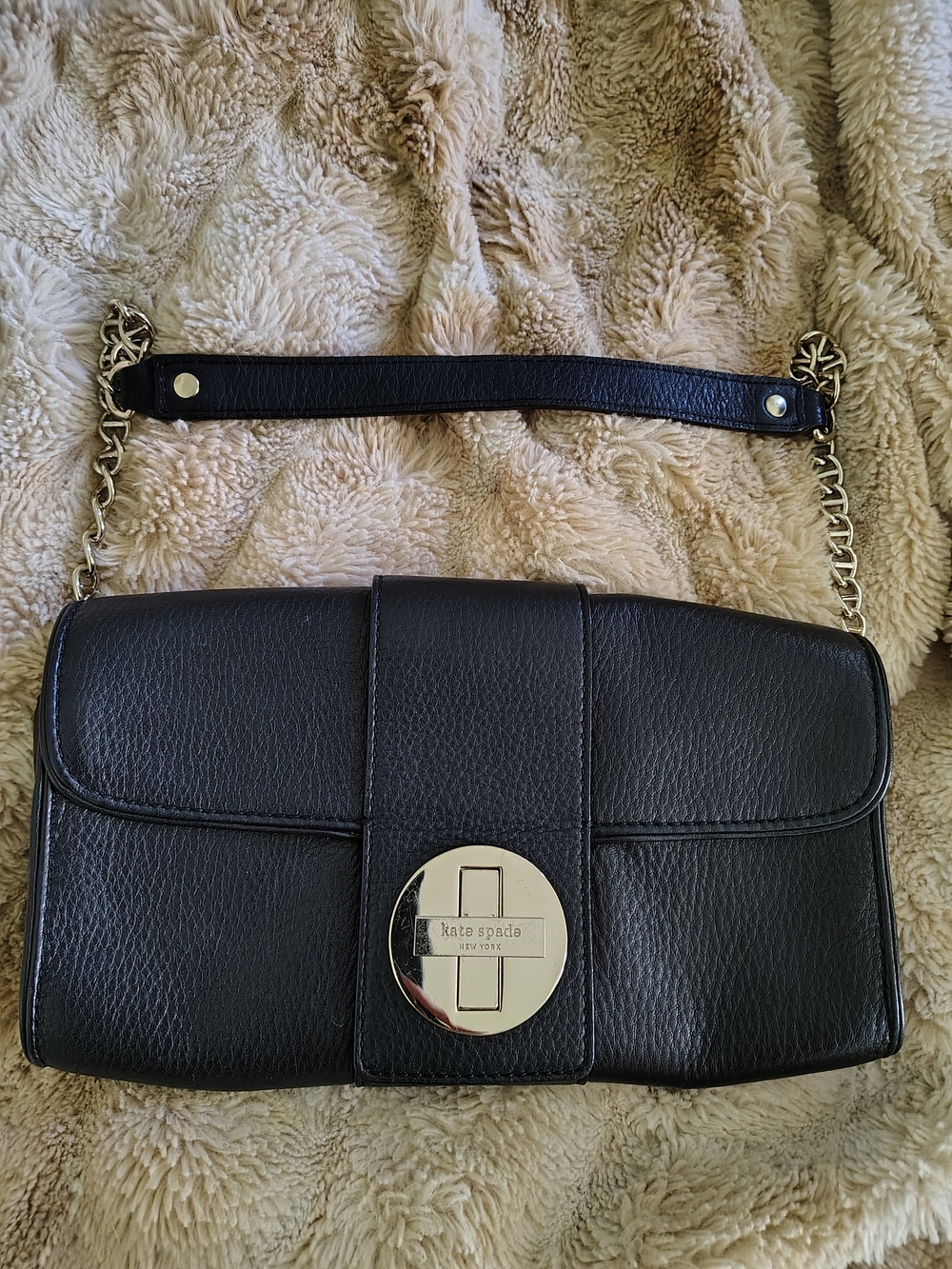Title: Kate Spade Black Pebbled Leather Chain Shoulder Bag Turnlock Clutch